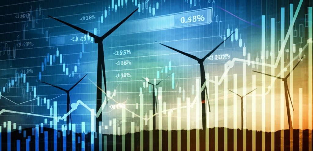 Wind turbine overlaid with a stock market chart, symbolizing the intersection of renewable energy and financial markets.