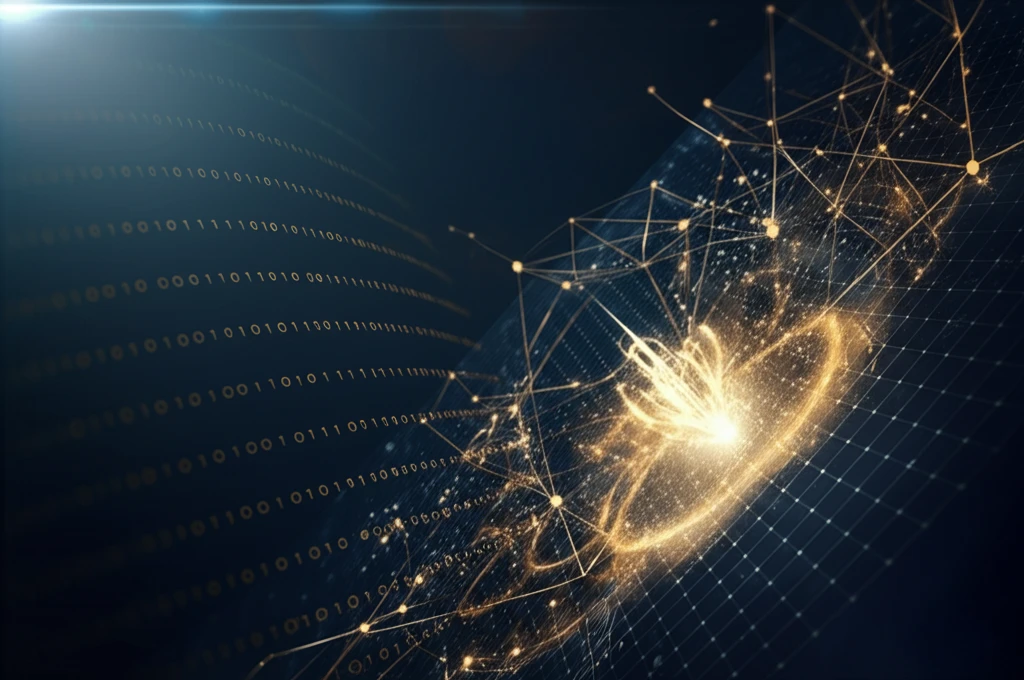 Complex network of financial instruments visualized with glowing lines.