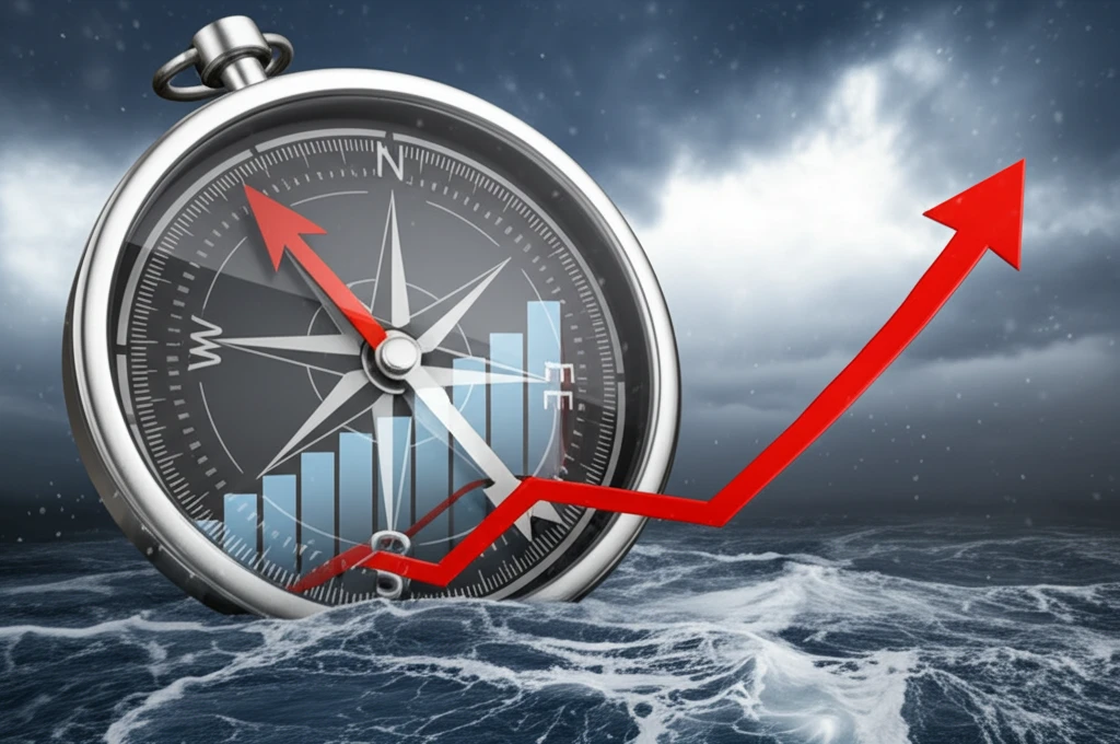 Compass guiding steady investment growth through a stormy financial sea.