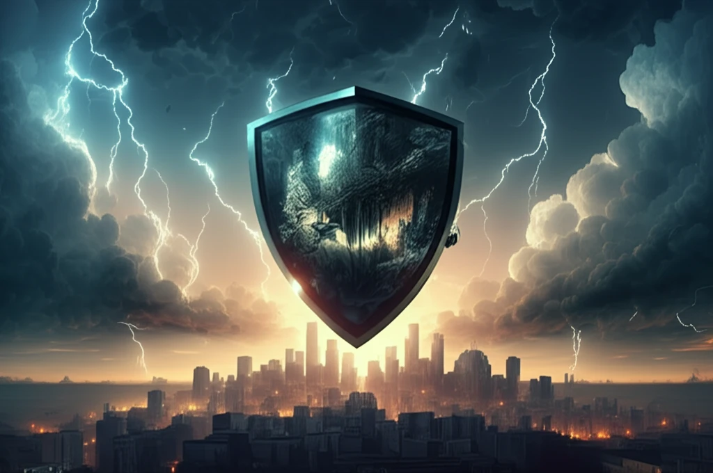 Shield protecting city from storm, symbolizing investment protection.
