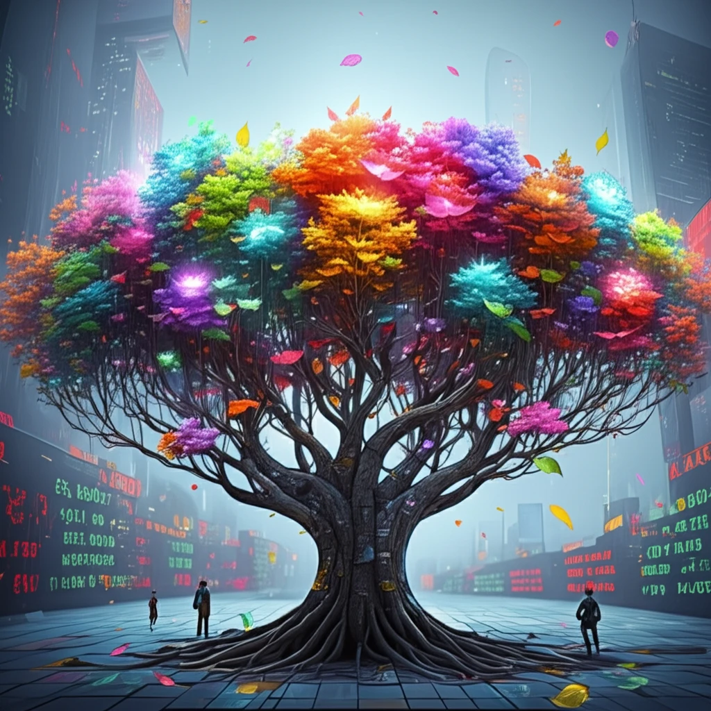 Stock Market Clustering: A surreal tree with stock tickers as leaves, representing market sectors.
