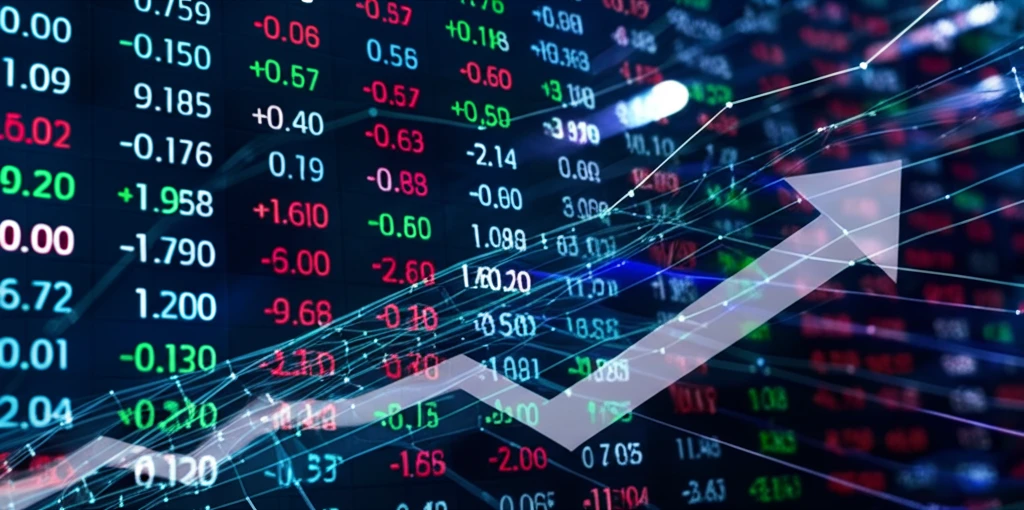Interconnected stock tickers symbolize inter-asset correlation with an upwards trend.