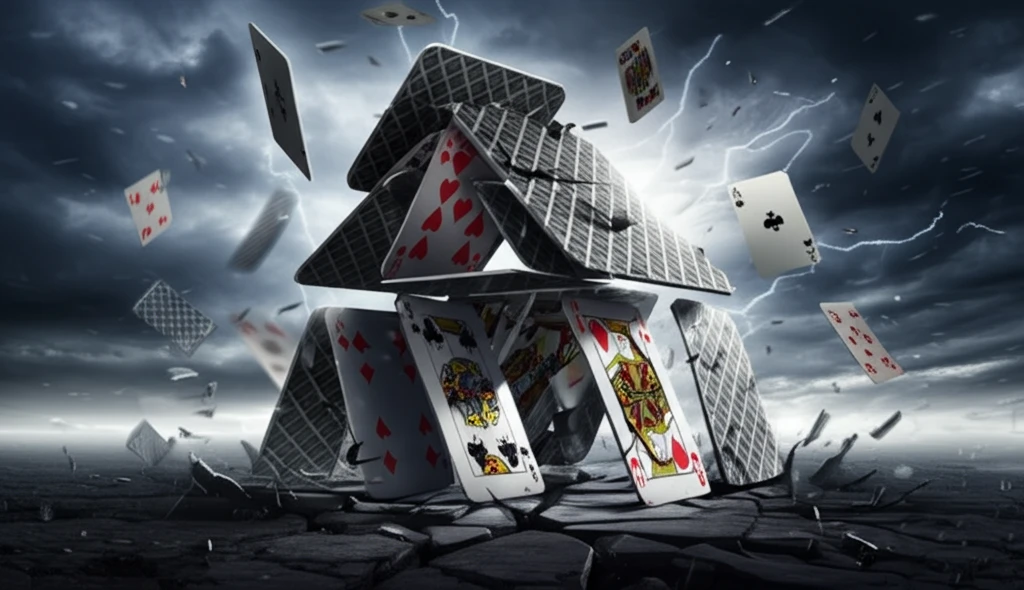 Illustration of a collapsing house of cards representing the financial system.