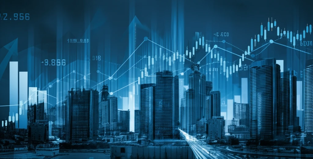 Geometric cityscape with market charts symbolizing risk management.