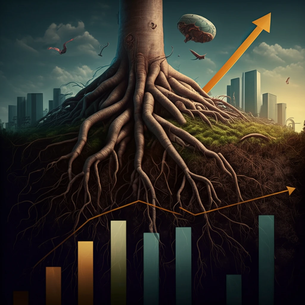 Financial graph with roots, symbolizing past influence on future growth.