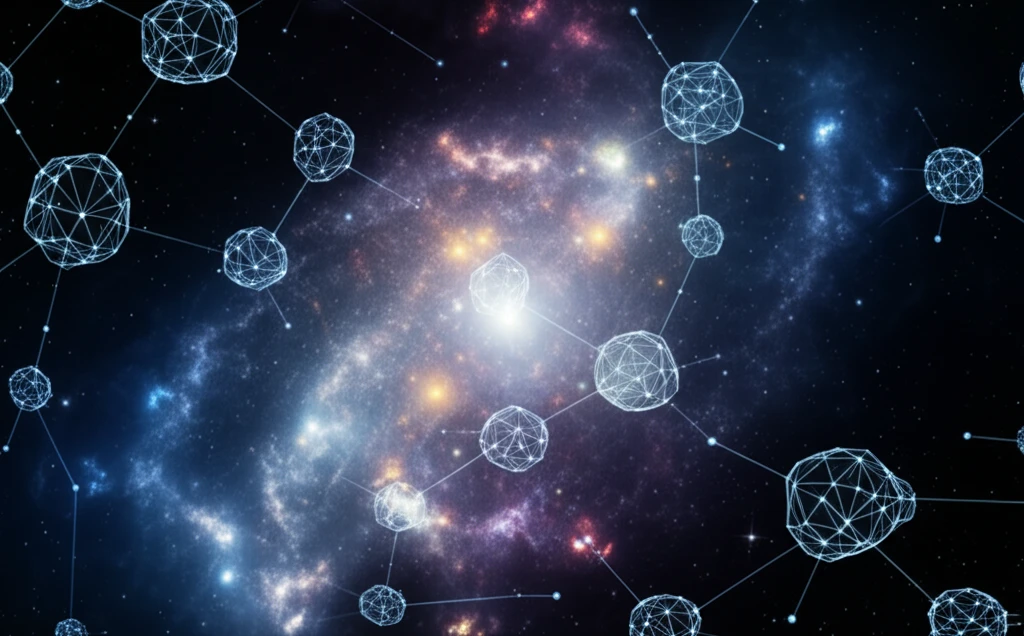 Interconnected cells forming a network in space, symbolizing cooperation and shared resources.
