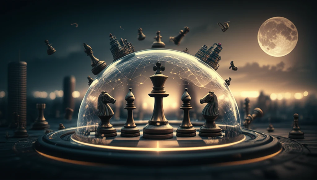 Chess pieces strategically positioned around a protective dome over a cityscape, symbolizing game theory and risk management.