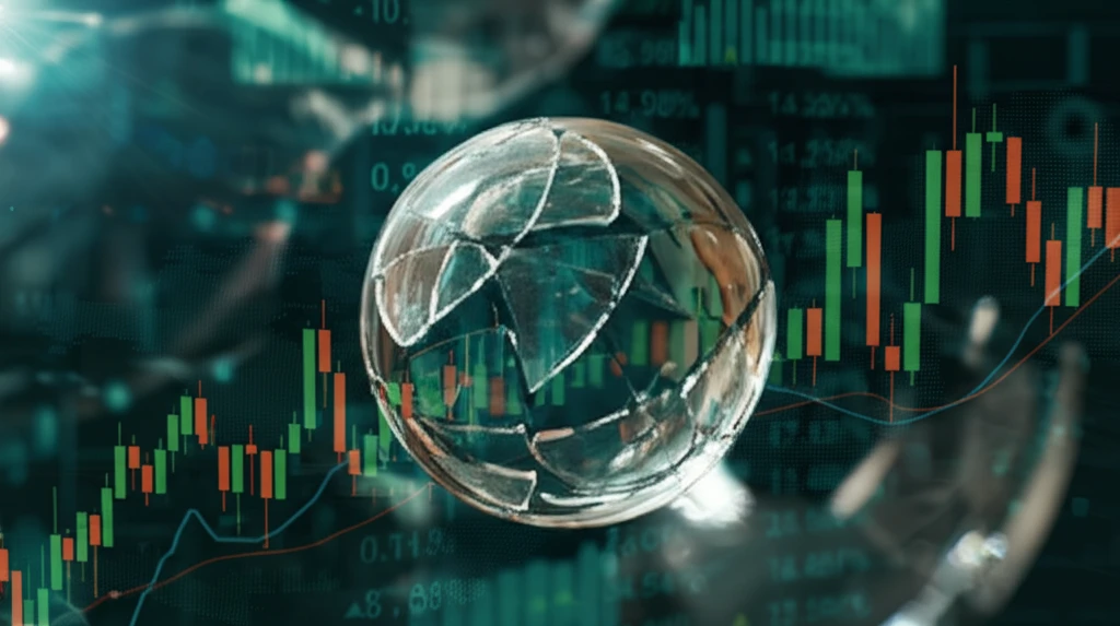 Broken crystal ball reflecting stock market charts, symbolizing failed financial predictions.