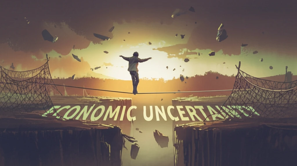 A tightrope walker crossing a chasm of economic uncertainty, secured by risk-sensitive safety nets.