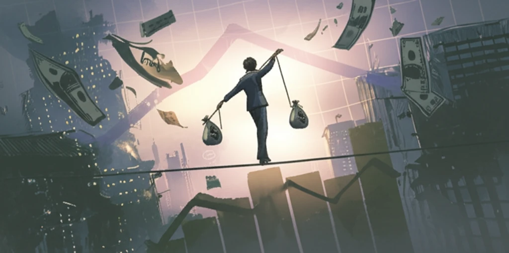 Tightrope walker balancing on a financial graph, representing dynamic risk management.