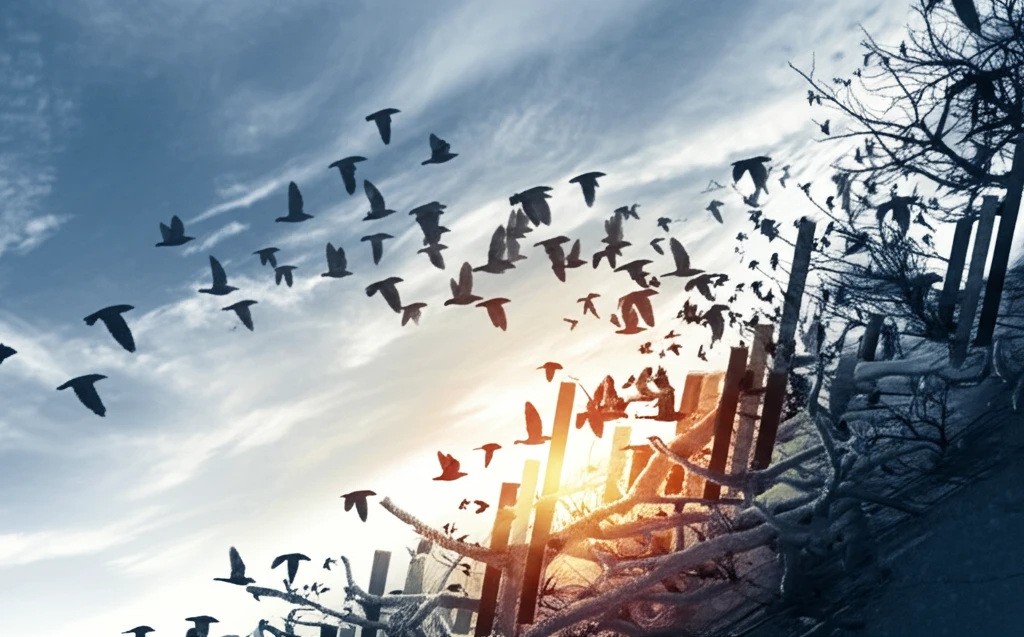 Financial graph transforming into birds, representing innovative financial strategies.