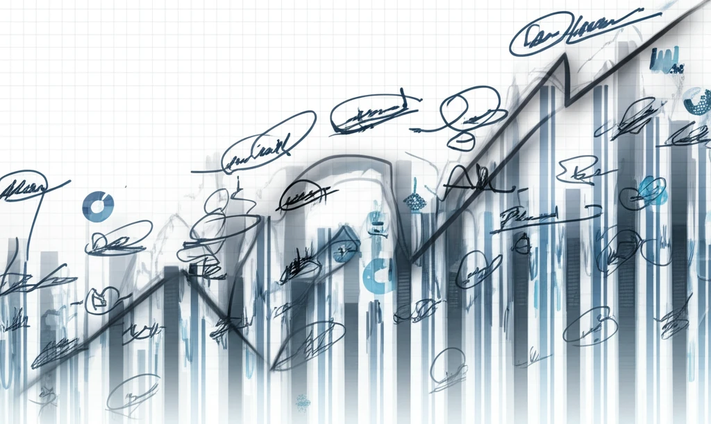 Financial charts transforming into abstract signatures with Fourier waves.