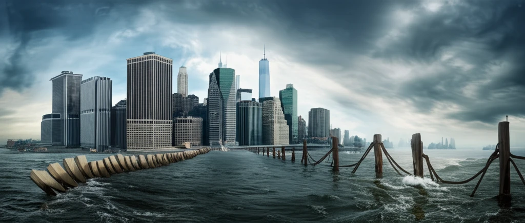 A surreal image of New York City's skyline partially submerged, highlighting the urgency of climate adaptation.