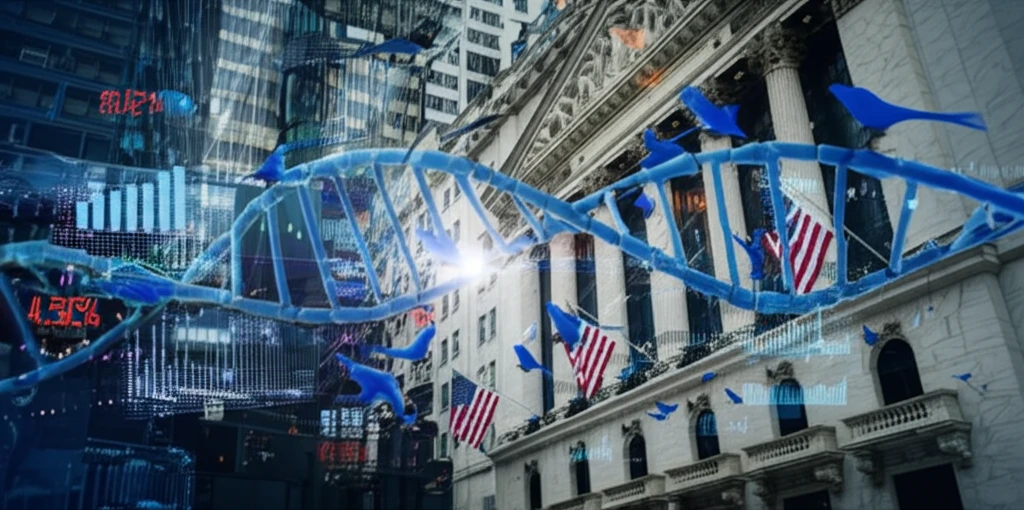 Digital illustration of bluebirds tweeting around stock charts and DNA helix, symbolizing social media's influence on biotech stocks.