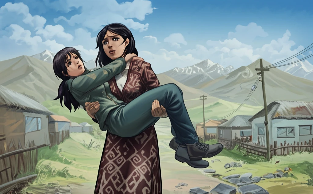 Surreal image depicting bride kidnapping in a Kyrgyz village.