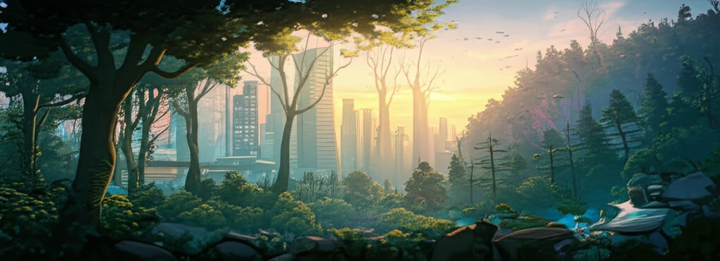 Cityscape transforming into a lush forest, symbolizing the shift from carbon-intensive economies to sustainable ones.