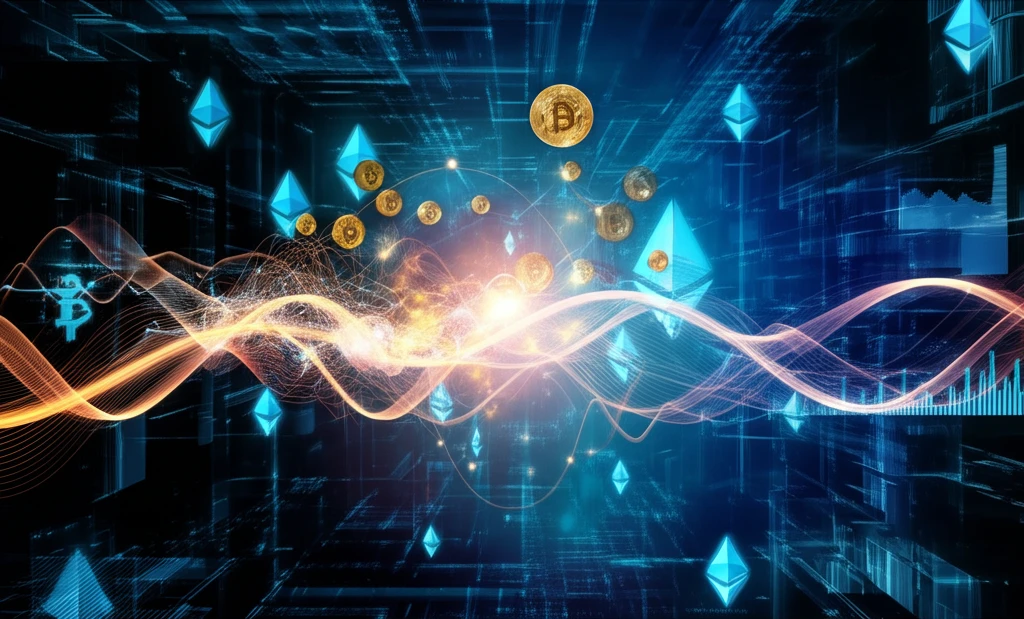 Financial data streams flowing through a neural network with glowing cryptocurrency symbols