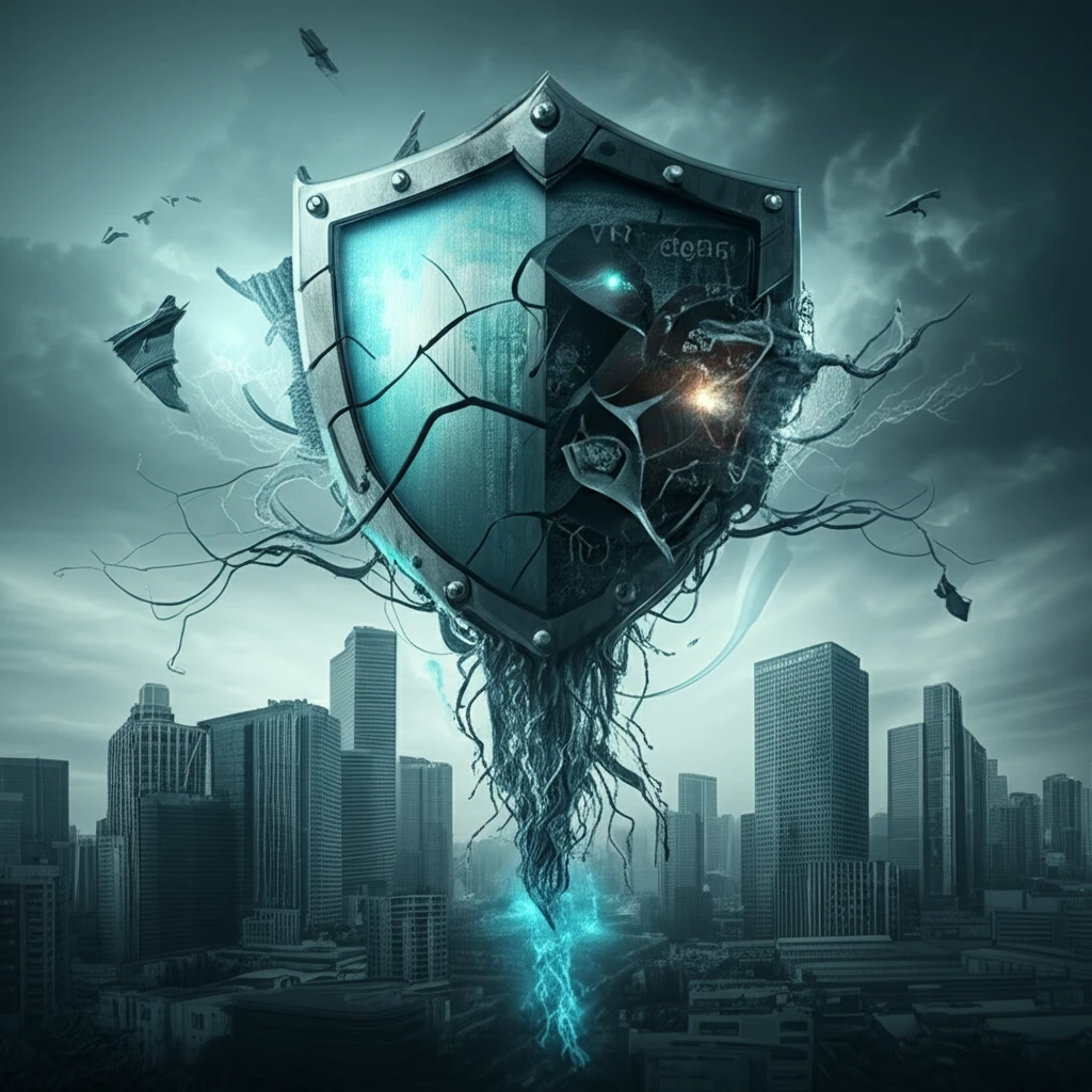 Illustration of a cracked shield representing vulnerable healthcare data.