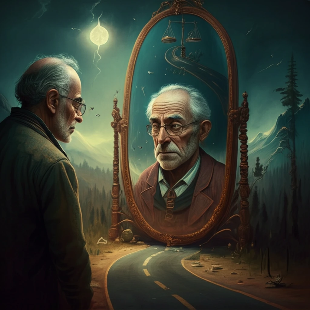 Time Consistency: A person looking at a reflection showing an older self making financial decisions, symbolizing the importance of aligning investment strategies with future needs.