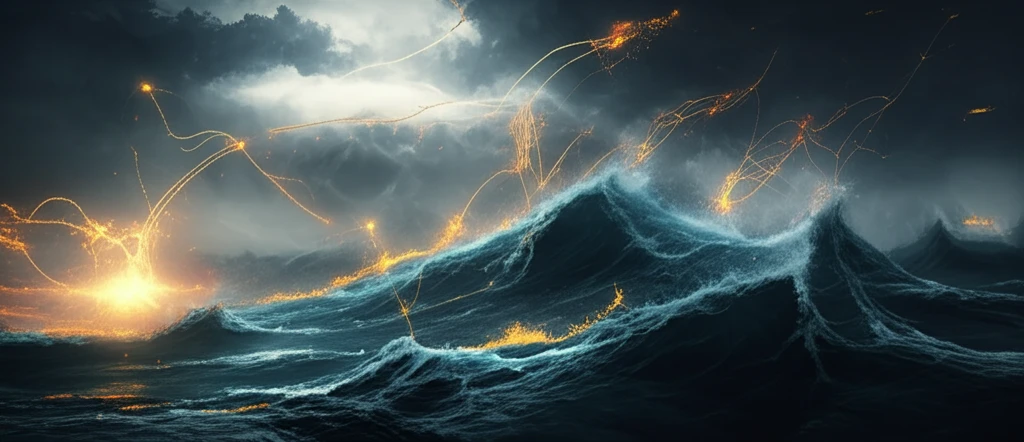 Stormy sea with glowing causal networks.
