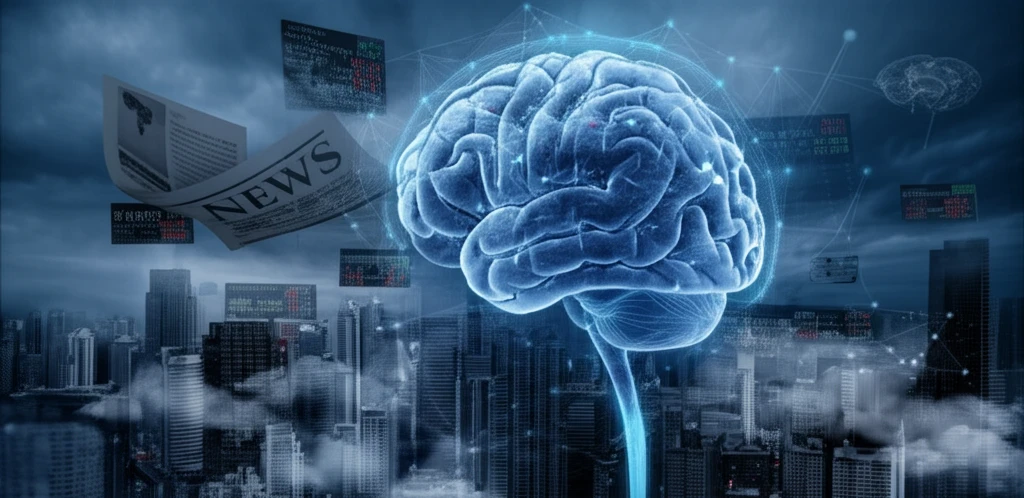 AI brain analyzing stock market data with news sentiment forming clouds