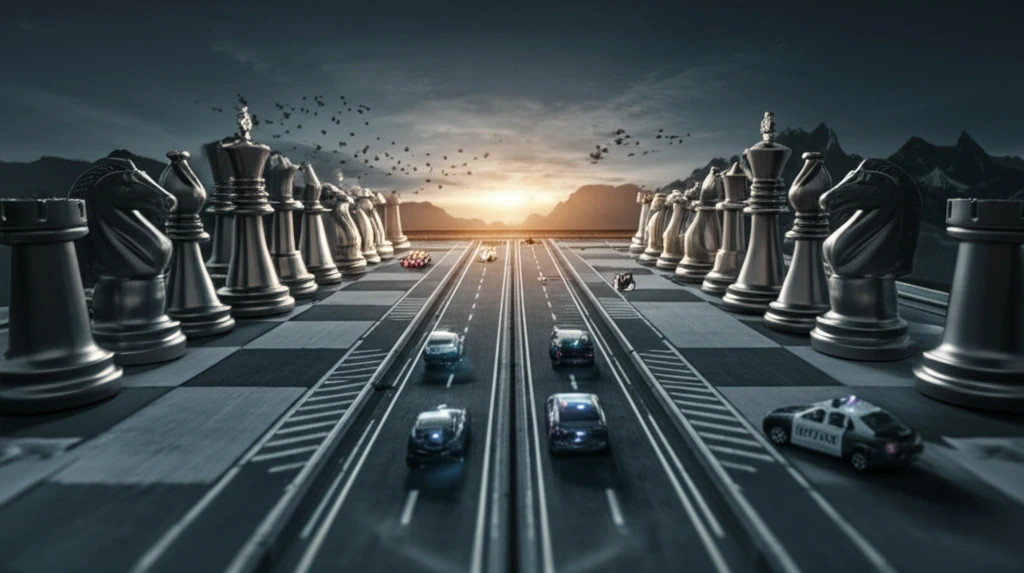 Game theory on a highway, cars and police as chess pieces.