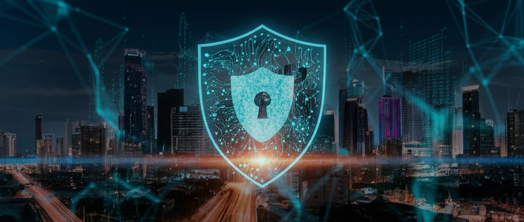 Deep learning cybersecurity shield protecting a financial district.