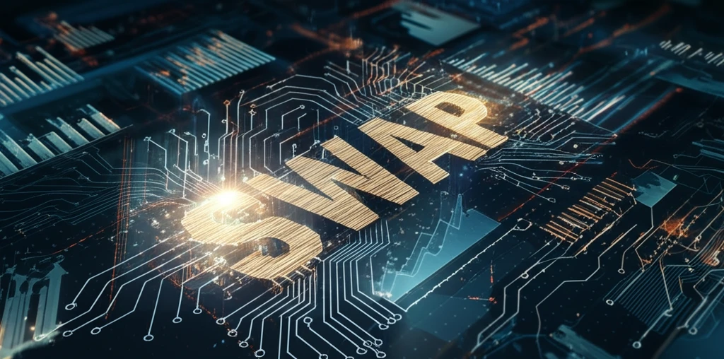 Surreal image of interconnected circuits and glowing financial charts representing swap contract technology.
