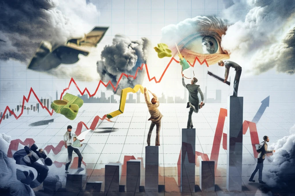 Surreal illustration of stock price fluctuations and traders managing transaction costs.