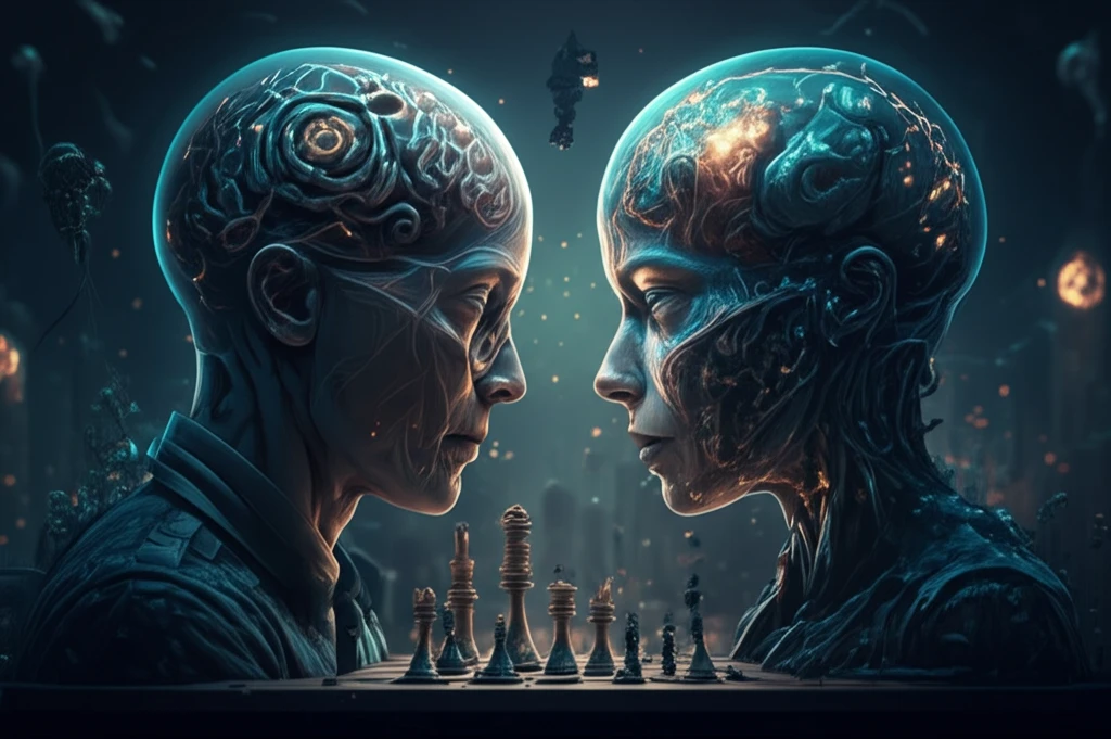 Chess players with game boards representing their learning dynamics