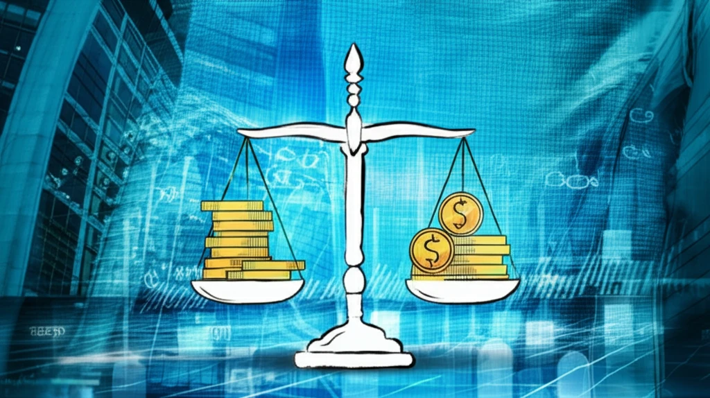 A surreal illustration showing the balance between derivative values and funding impacts in a bustling financial district.