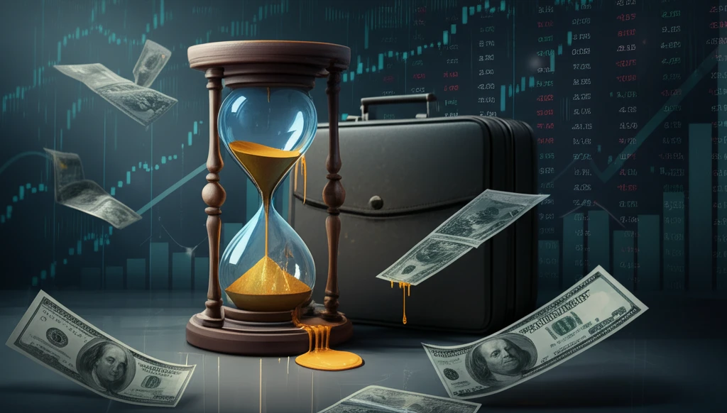 Portfolio with dripping hourglass representing liquidation time.