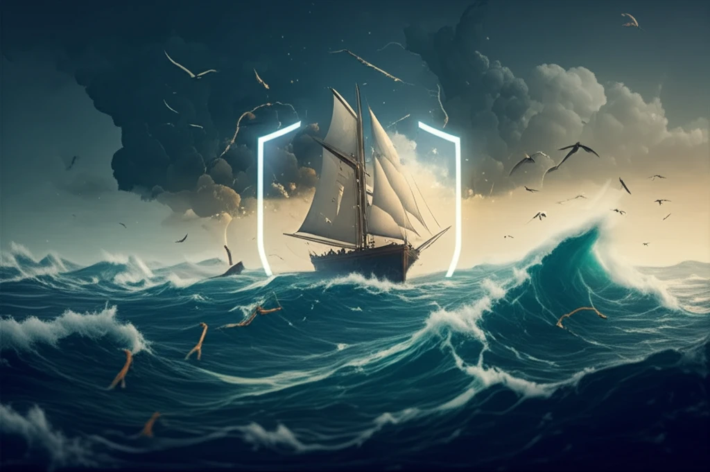 Sailboat navigating stormy seas, protected by a shield representing investment protection.