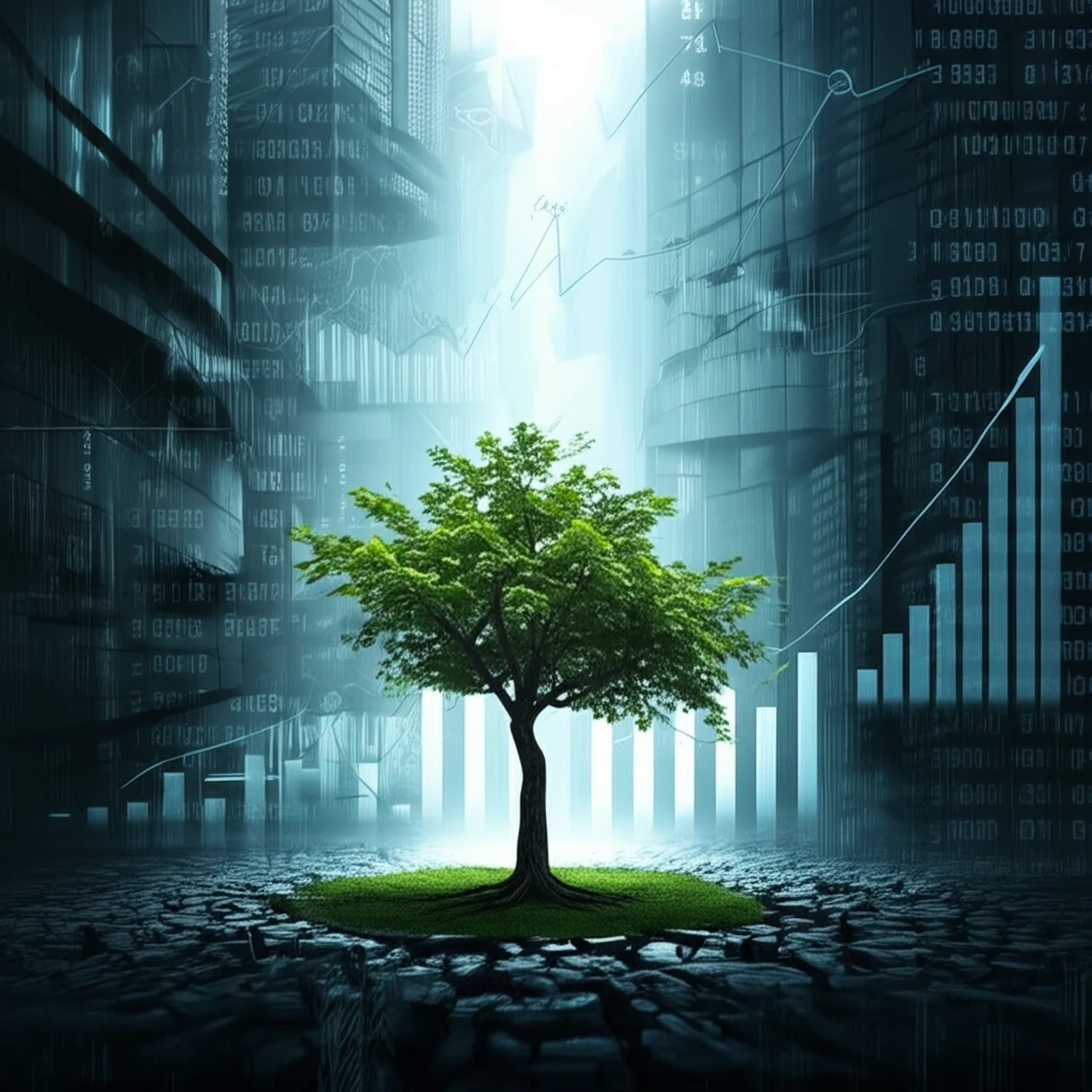 Financial charts form buildings, spotlight on a growing tree.