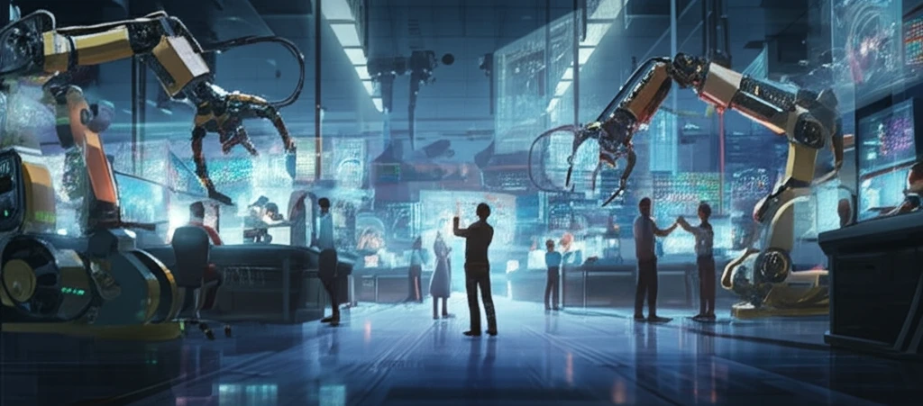 Futuristic trading floor with AMM robots