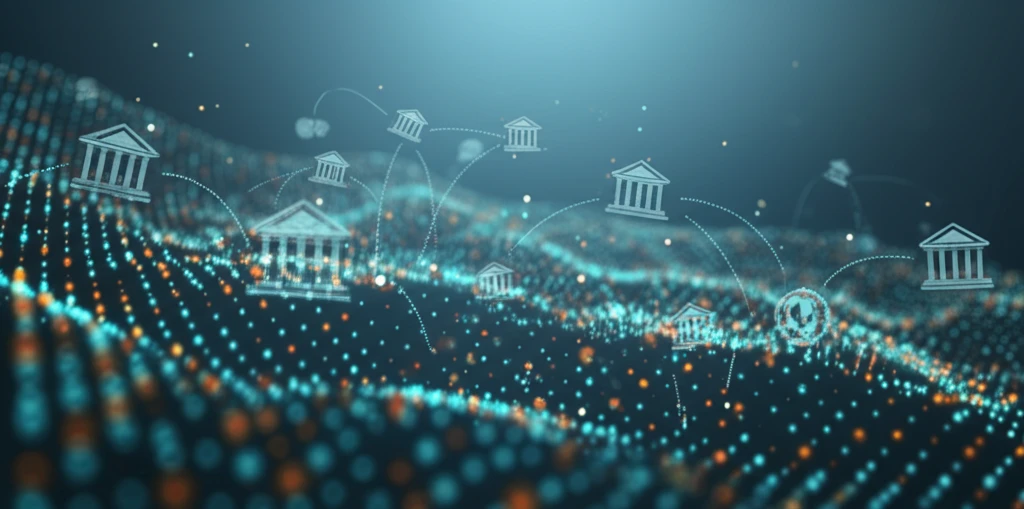 Interconnected financial network with glowing nodes and links