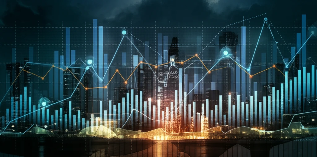Surreal cityscape of financial charts showing volatility with functional quantization grid overlay.