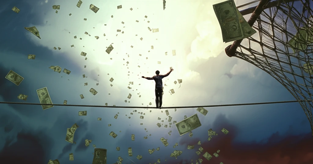 A surreal illustration of a safety net beneath a tightrope walker, representing financial security.