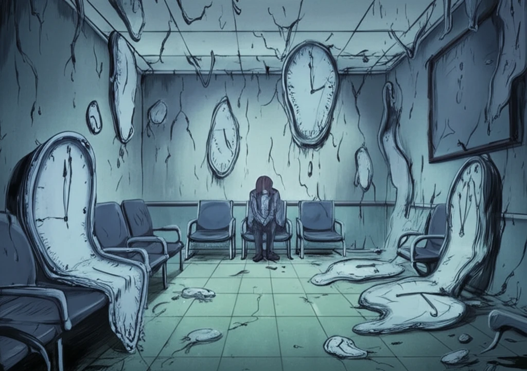 Surreal illustration of wasted time in a distorted waiting room.