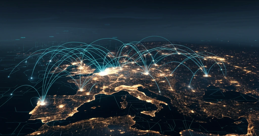 Surreal illustration of a balanced European electricity grid with glowing nodes and AI patterns, symbolizing interconnectedness.