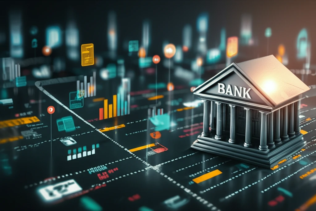 Digital illustration of a financial network with algorithms rescuing a bank.