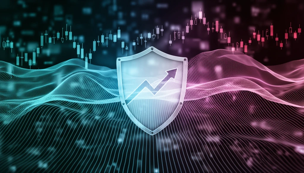 Financial market landscape with interest rate waves and risk management shield.
