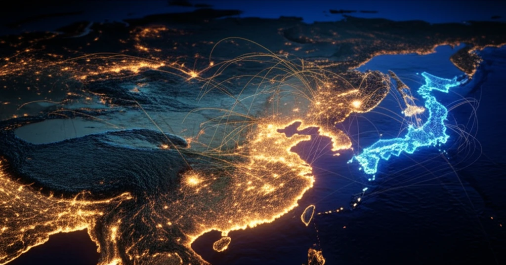 A stylized map of China and Japan connected by a glowing network, symbolizing economic connections.