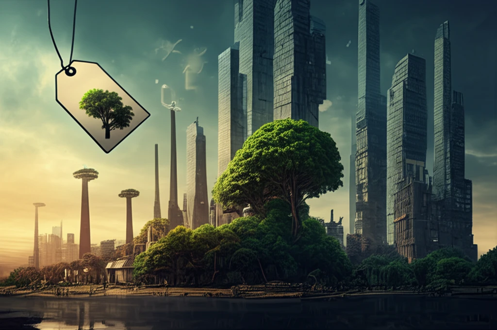 Cityscape transforming into green trees representing carbon pricing and sustainability.