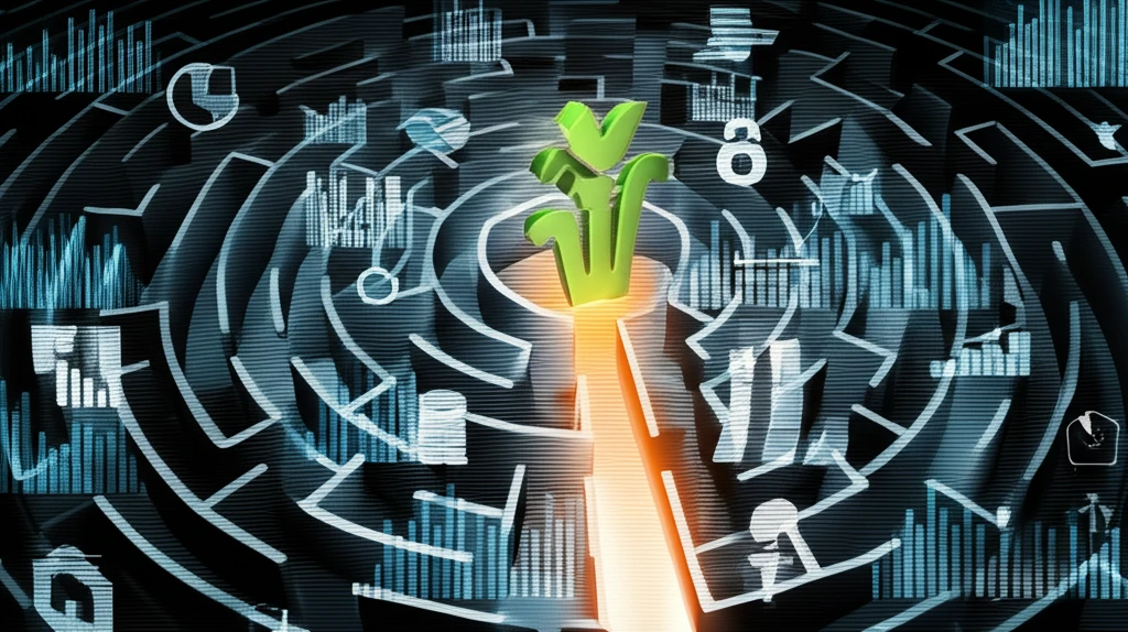 Maze of stock charts leading to balanced portfolio.