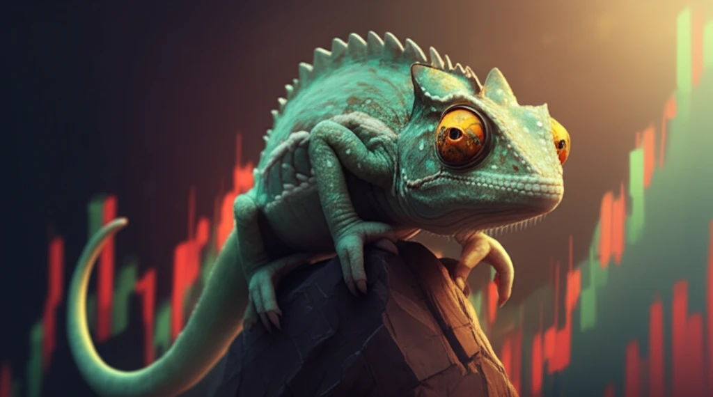 Chameleon blending into a stock chart