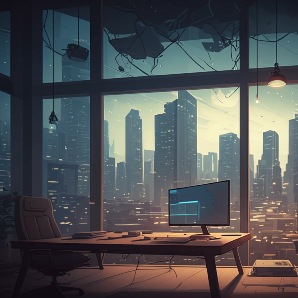 Hybrid work environment blending cityscape and home office.