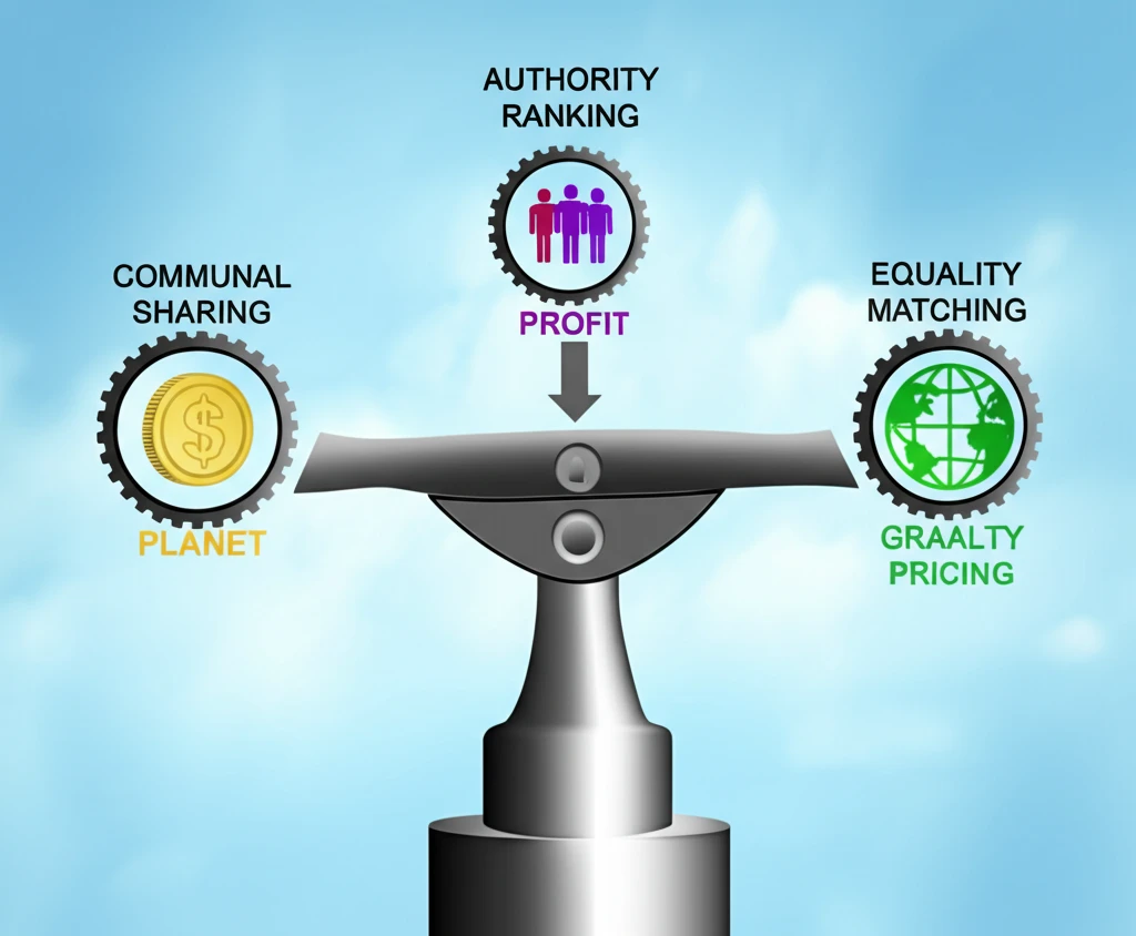 Interconnected gears balancing profit, people, and planet.