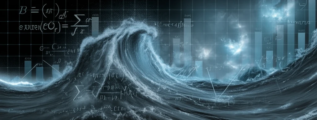 Stormy sea with stock market chart and equations, symbolizing market volatility.
