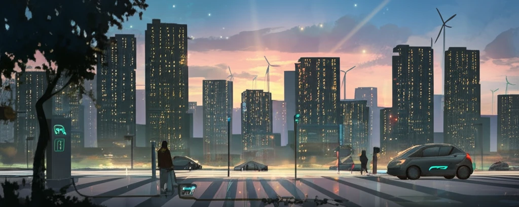 Futuristic cityscape powered by renewable energy with integrated shared electric cars.